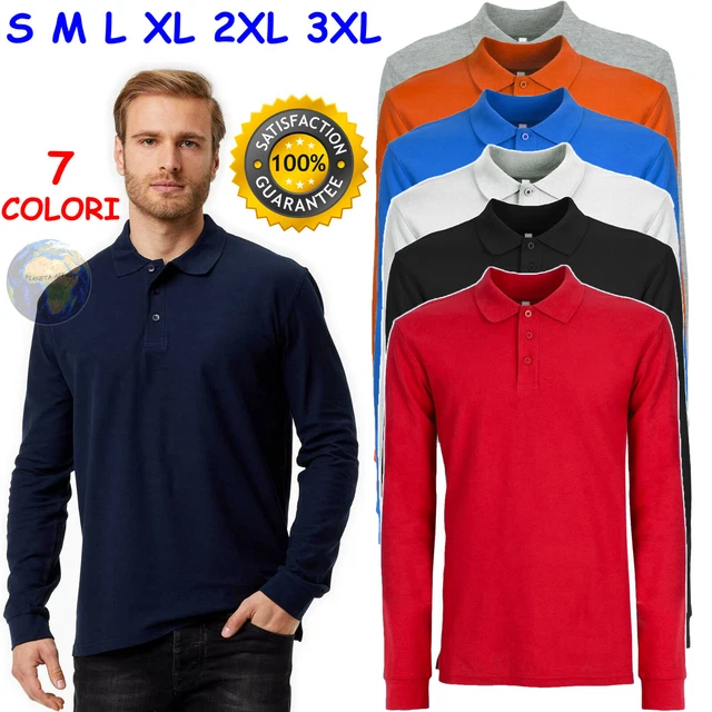 POLO a MANICA LUNGA da Uomo 3 BOTTONI in COTONE Piquet LAVORO Elegante MAGLIA