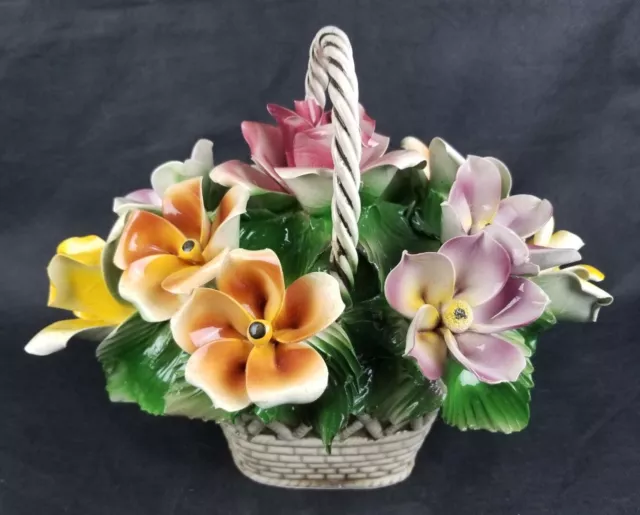 Vintage CAPODIMONTE Flower Basket W/Multi-Colored Flowers Green Leaves 11" X 8"