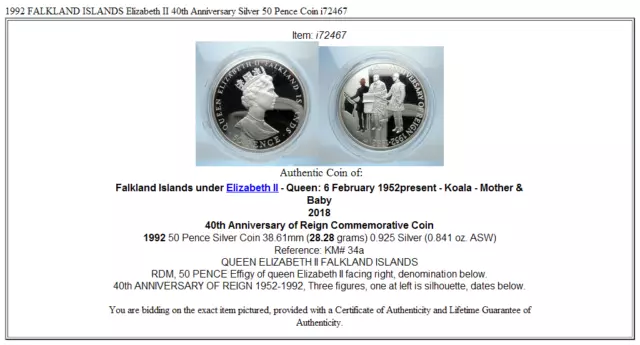 1992 FALKLAND ISLANDS Elizabeth II 40th Anniversary Silver 50 Pence Coin i72467 3