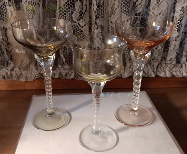 Lot of 3 Vintage Twisted   Crystal Stemed Wine Cordial Glasses Pink & Beige Tint