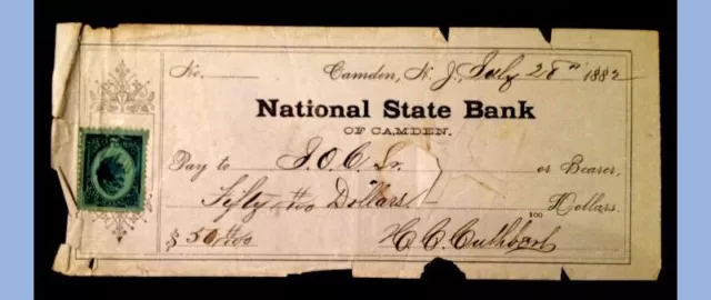 1882 antique NATIONAL STATE BANK camden nj CHECK,CUTHBERT w/REVENUE STAMP