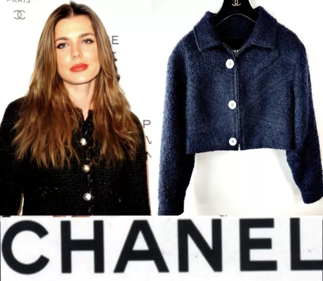 6K Chanel 2015 Blue Tweed Boucle Short Jacket 38 40 42 6 8 10 Coat Logo Button S