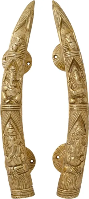 Handmade Antique Finish Tuskar Style Ganesha Carving Brass Door Handle Pair