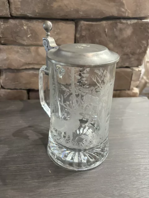 Clear Glass White Deer/Fawn Etching Lidded Beer Stein West Germany. Engraved.