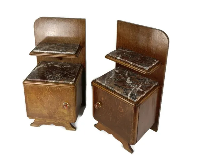 Antique Art Deco Nightstands End tables Wood Marble Tops  20s 30s Vanity Cabinet