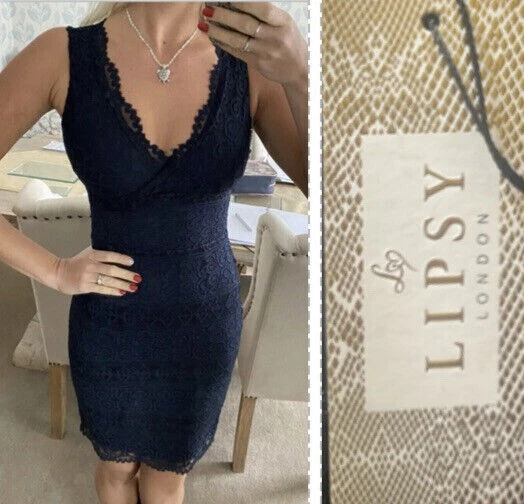 LIPSY NAVY BLUE Lace Bodycon Dress 16 UK V Neck Evening Party Occasion Wedding 39.99 PicClick UK