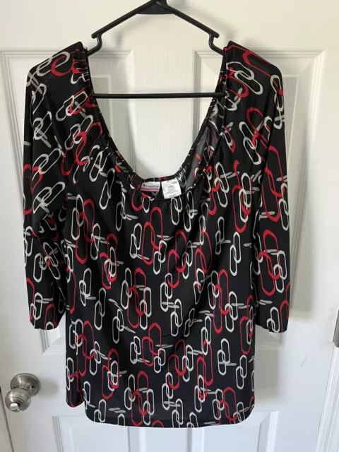 Women’s No Boundaries Juniors Size XL BOHO Shirt Top Black Red Silver Stretch