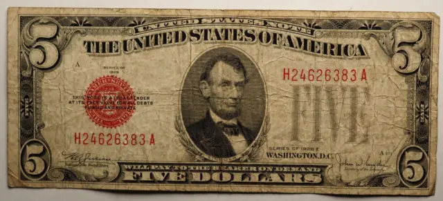 1928 **E** 5 Dollar United States Note  **Red Seal** - Free Shipping! #0360