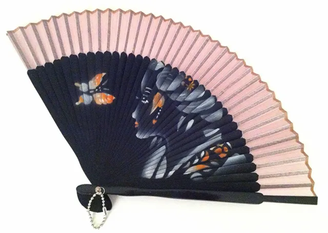 Hand Spray Painted Bamboo and Silk Hand-fan Light Pink with Geisha Girl Design