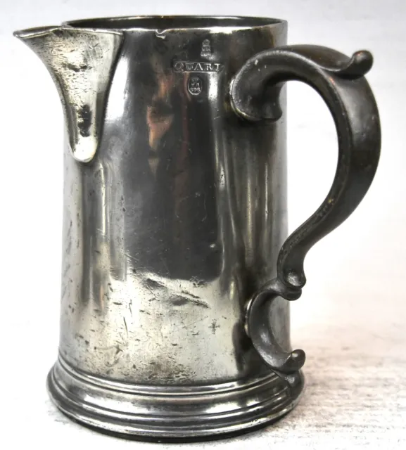 Fine Antique Pewter Quart Tankard Mug Measure Green Man Watford By Harton C19Th