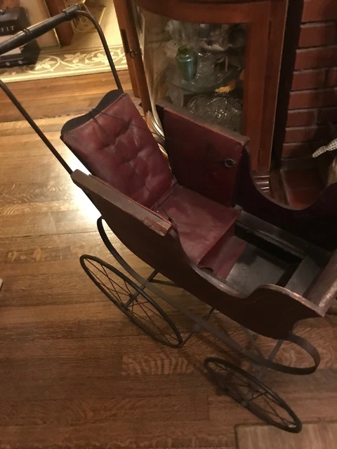 Antique Doll Stroller Vintage Baby Carriage Wood Leather Props Photography