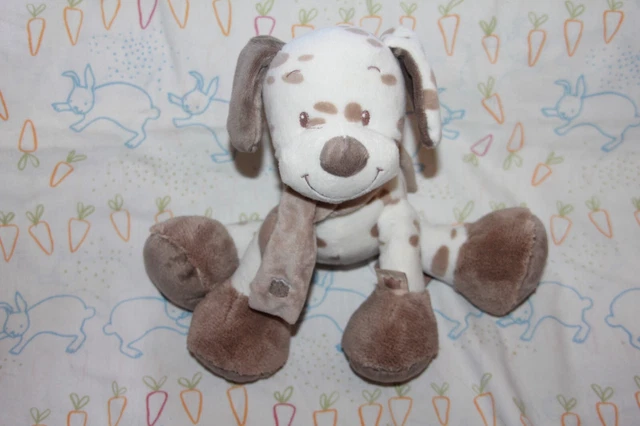 Doudou Nattou Chien  Max Noa Blanc Beige Marron Echarpe Musical 24 Cm Neuf
