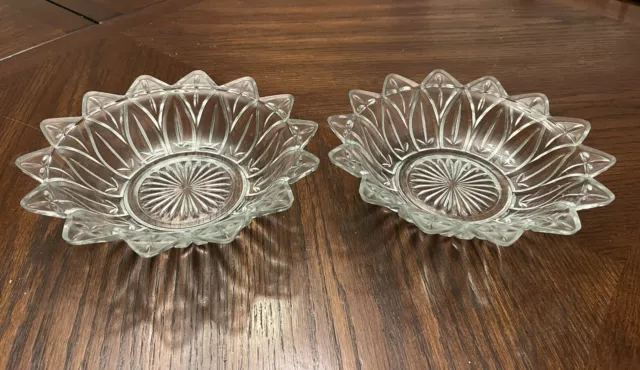 2 8” Vintage Federal Glass Clear Iridescent Carnival Flower Petal Serving Bowls