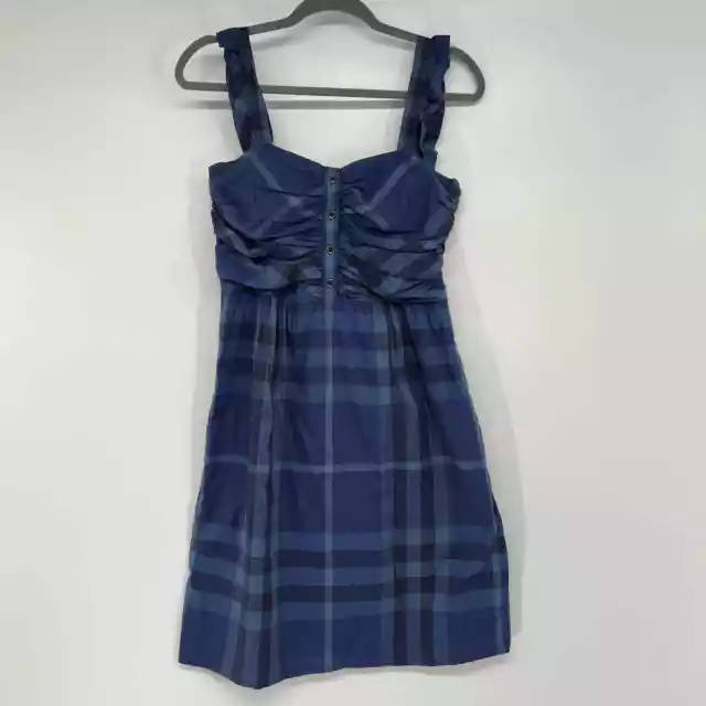 Burberry Brit Plaid Ruffle Sleeve Dress Women's Size S Blue 100% Cotton Pleated