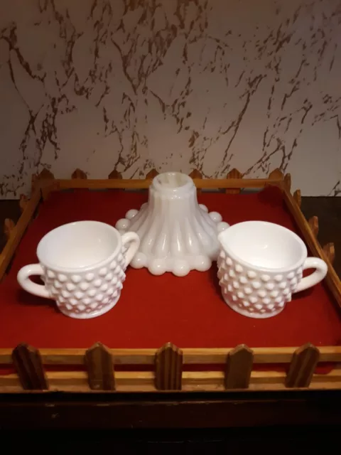 Vintage  HOBNAIL MILK GLASS CREAM & SUGAR, Milk Glass Candle Holder 3 Piece