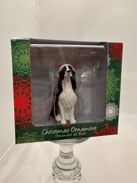 Sandicast English Springer Spaniel Dog Ornament with Santa Hat Black & White New