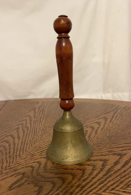 Vintage 8.5” Handmade & Etched Brass Hand Bell w/ Wooden Handle - Made in India
