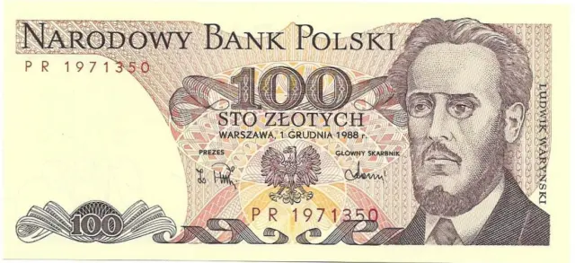 POLAND 100 Zlotych; P-143e from 1988; UNC; features L. Warynski