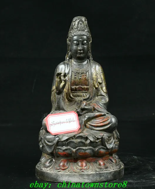 8" Old Chinese Buddhism Bronze Gilt Seat Lotus Guanyin KwanYin Buddha Statue