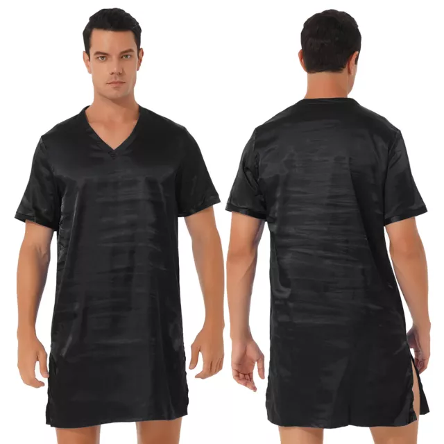 Men's Nightshirt Satin Sleepwear Short Sleeve Loose Pajama Tops Shirt Loungewear