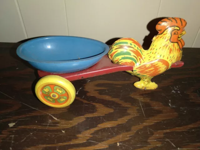 Vintage Pull Toy Wyandotte Tin Rooster Chicken Pulling Oval Egg Cart Toy Easter