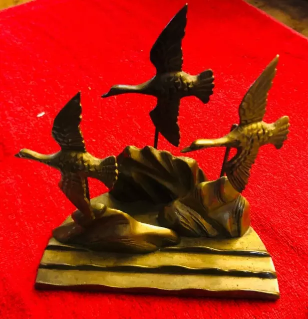 Vintage Flying Ducks Geese Solid Heavy Brass Sculpture MCM 7" Tall Penco