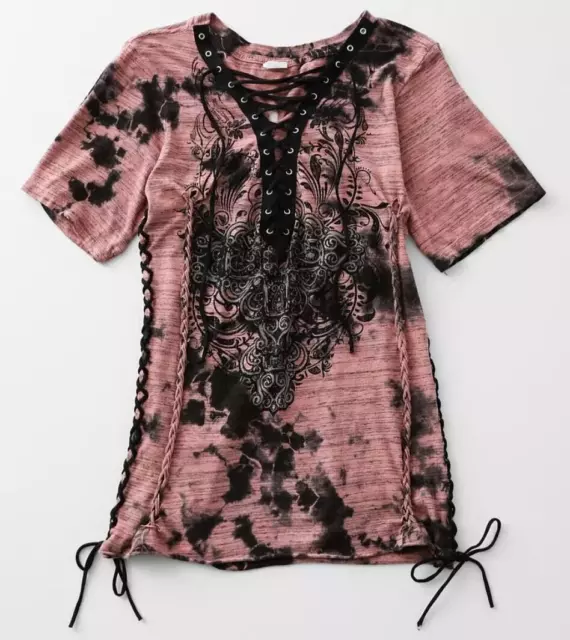 Affliction Women's CHARLOTTE OAK Short Sleeve Lace-Up V Neck Pink Tee MEDIUM NWT