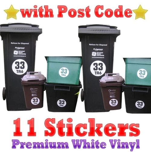 11 ROUND WHITE Vinyl Recycle Wheelie Wheely Bin Stickers House Numbers