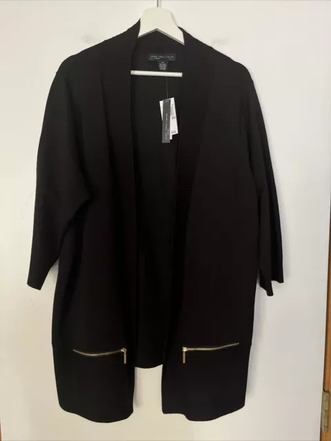 Joan Vass Gold Zipper Pocket Black open front Cardigan Womans Plus Size 1X NWT
