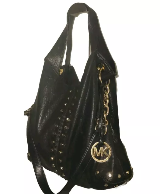 Michael Kors Uptown Astor Black Leather Large Gold Studded Hobo Bag