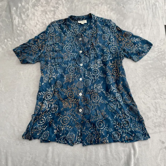 Norm Thompson Top Womens Extra Large Blue Floral Buttons Rayon Lightweight Sheer