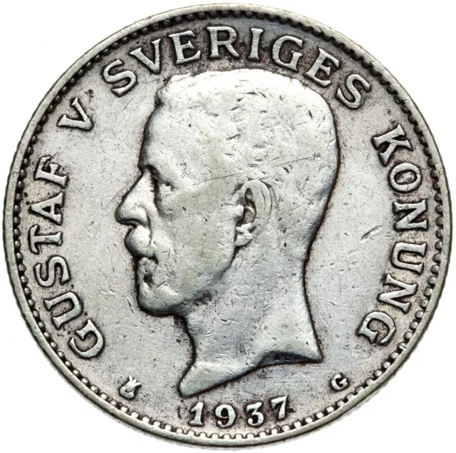 Schweden - Gustav V. - Münze - 1 Krone 1937 G - Stockholm - Silber - ERHALTUNG !