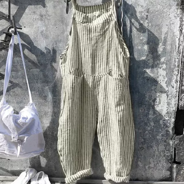 Ladies Loose Casual Striped Dungarees Jumpsuit Womens Overalls Baggy Romper