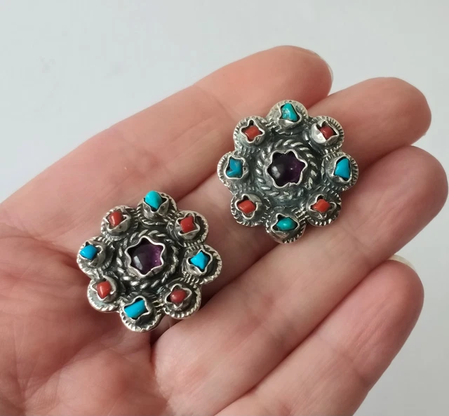Mexico Taxco TP 102 Sterling Silver Gemstone Concho Earrings Amethyst Turquoise