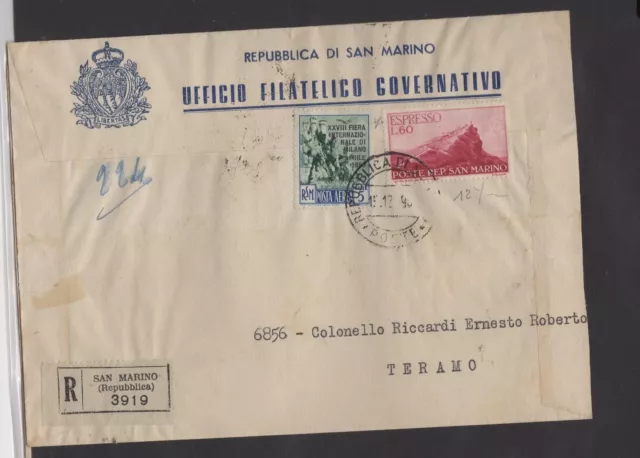 STORIA POSTALE San Marino 1950 raccomandata 60 lire espresso 5 lire posta aerea