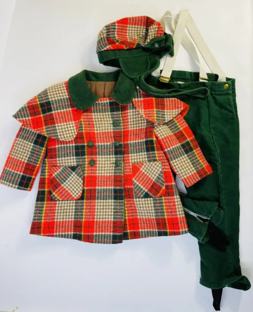 VTG 50s Children’s 2T Plaid Snow Suit Overalls Jacket Hat 3 Piece Winter Outfit