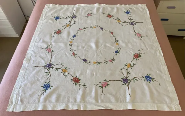 Vintage Colourful Floral Embroidered Cream Linen Small Square Tablecloth 120 Cm²