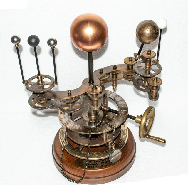 Antique Vintage Brass Orrery Solar System Sun Earth Moon Marsh with Wooden Base