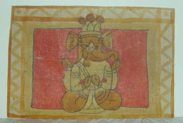 Antique Miniature Painting on Silk/Linen-Indian Hindu Deity Ganesha