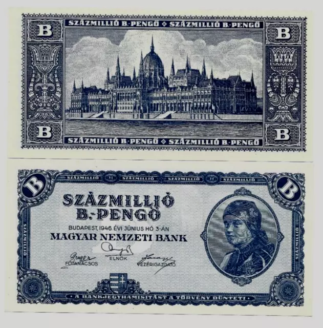 Hungary 100,000,000 P-136 1946 100 Million B Pengo UNC RARE Hungarian Money NOTE