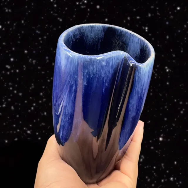 Mid Century Pottery Vase Drip Glaze Vessel Blue Black Ceramic Hand Made 6”Tall 2