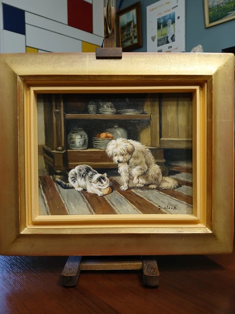 ANCIEN TABLEAU HST Chien Et Chat Signé J. CLECK Ecole Anglaise Du ...