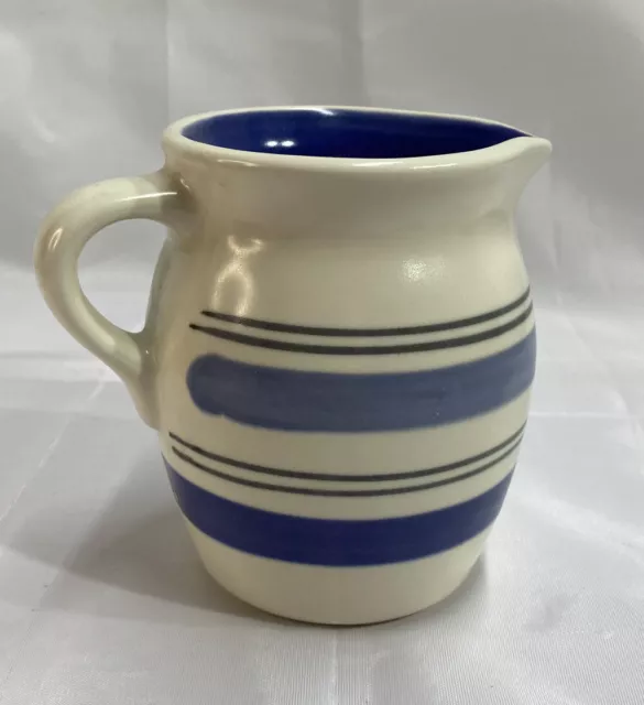 Pfaltzgraff Rio Creamer, Blue & Gray Stripes on white, 14 oz, measures 4.5" Tall