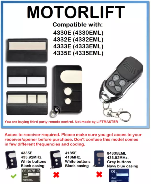 MOTORLIFT 4330E, 4332E, 4333E, 4335E Compatible Remote Control 433.92MHz.