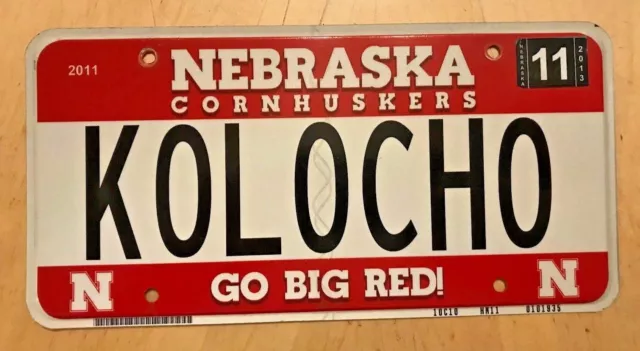 Nebraska Corn Huskers Univ Big Red Vanity License Plate " Kolocho " Kol Ocho