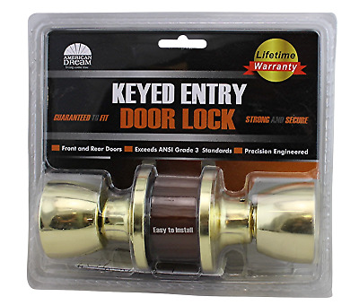 Door Knob With Keyed Entry Lock Polished Brass Fits Standard Doors Front & Rear