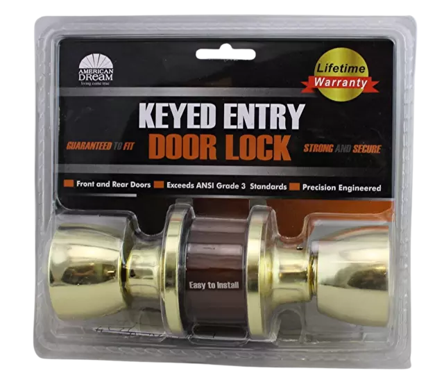 Door Knob With Keyed Entry Lock Polished Brass Fits Standard Doors Front & Rear