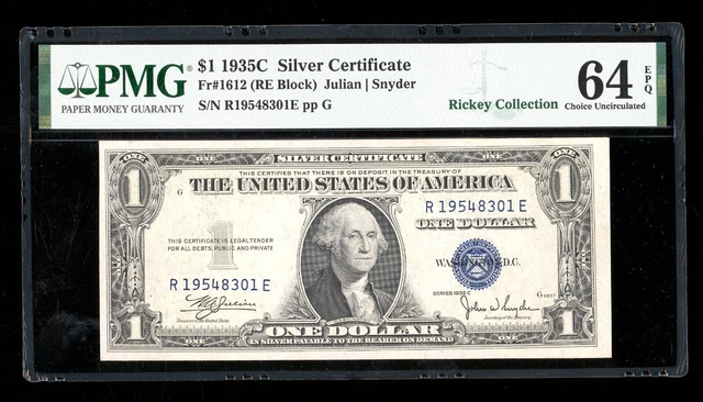 DBR 1935-C $1 Silver Fr. 1612 RE Block PMG 64 EPQ Serial R19548301E