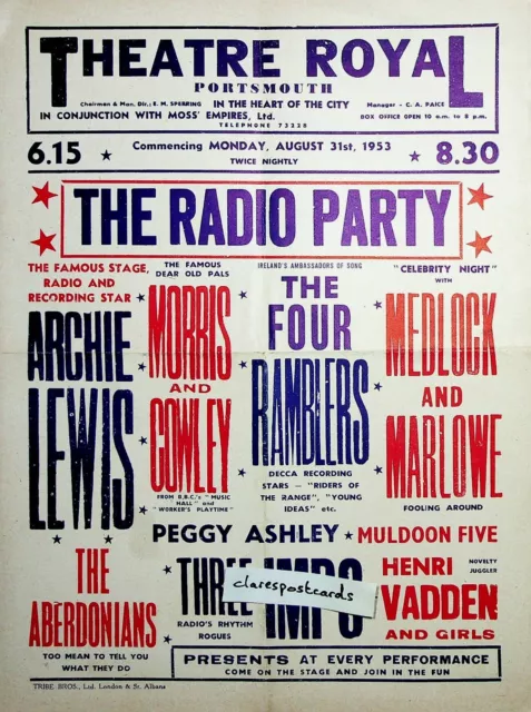 Flyer / Poster for Theatre Royal Portsmouth 1953 Radio Party 3 Imps Aberdonians