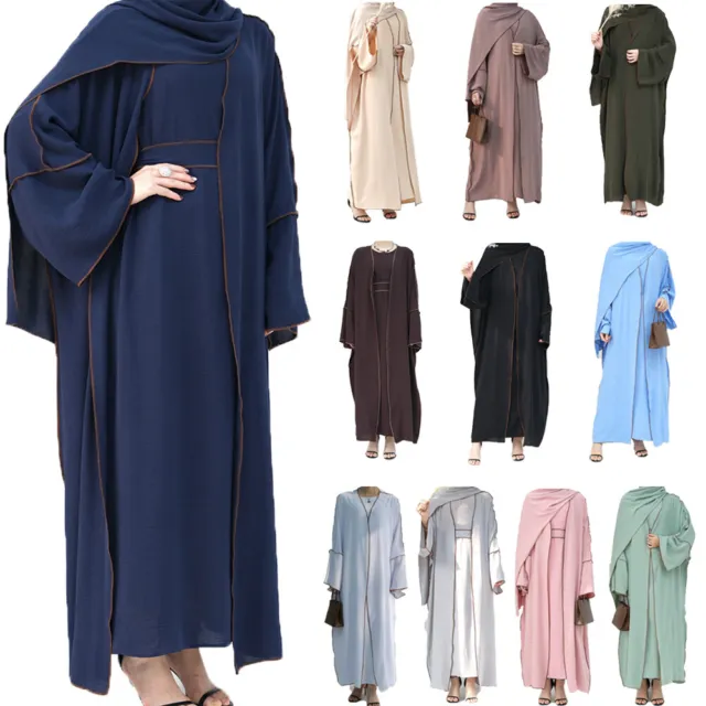 Open Front Kaftan Muslim Women Kimono Long Dress Abaya Islamic Robe Ramadan Gown